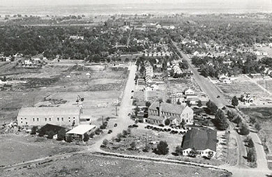Black and white aerial view of campus.
