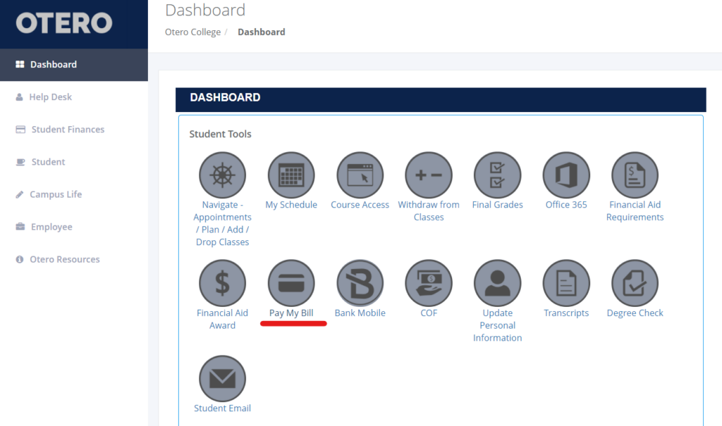 Screenshot highlighting the Pay My Bill Icon located on the student portal dashboard.