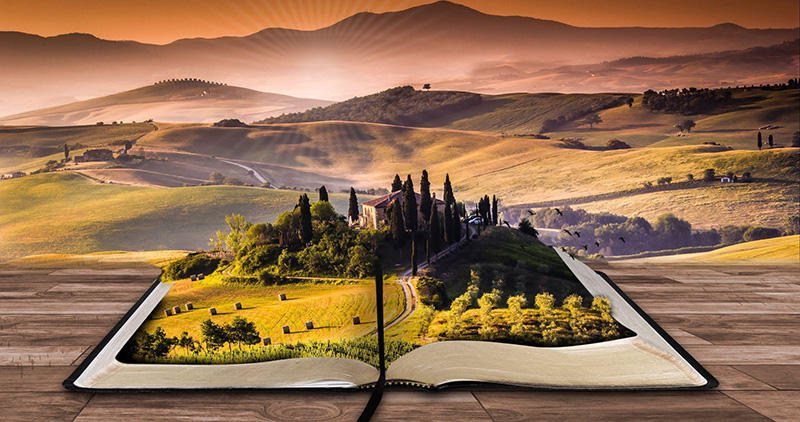 A villa in the countryside photoshopped onto the open page of a book.